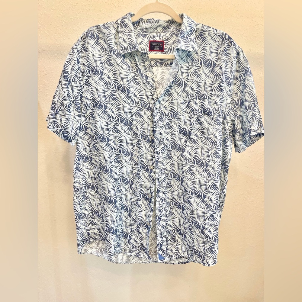 Men's Untuckit 100% Linen Blue Palm Size Large Slim Fit Shirt